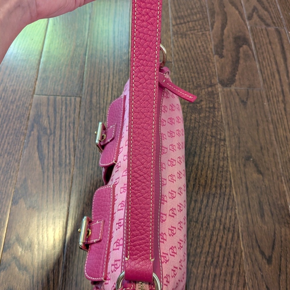 Vintage Dooney & Bourke Pink Y2K DB Monogram Canvas Leather Buckle Shoulder Bag - Picture 12 of 16